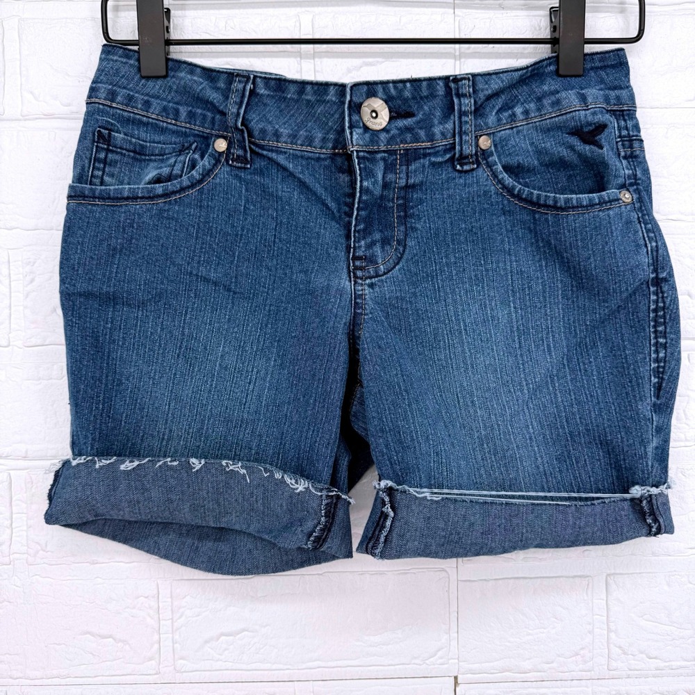 Grane Denim Shorts Women Size S Blue Cuffed Casual Dark Wash Pocket Bird Logo